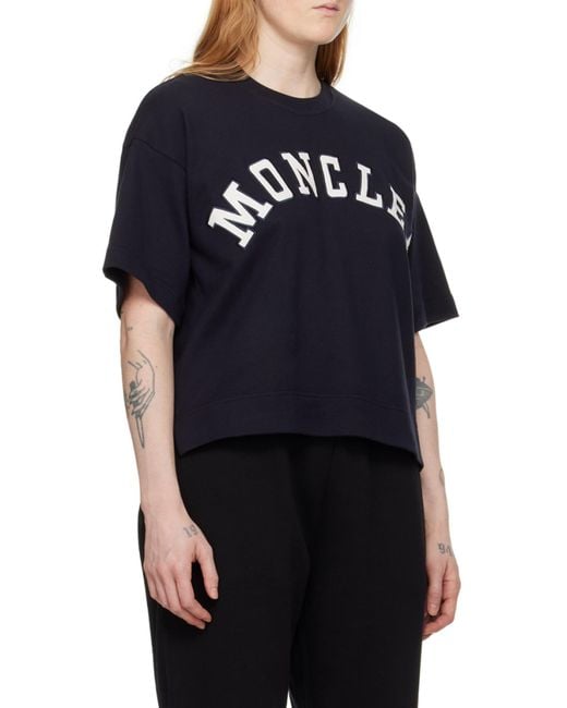 Moncler Blue Logo Printed Cropped T-Shirt
