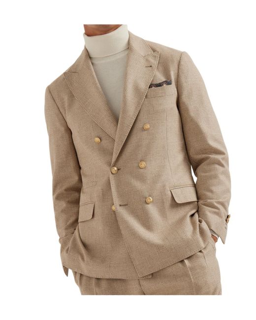 Brunello Cucinelli Natural Double-Breasted Houndstooth Blazer for men