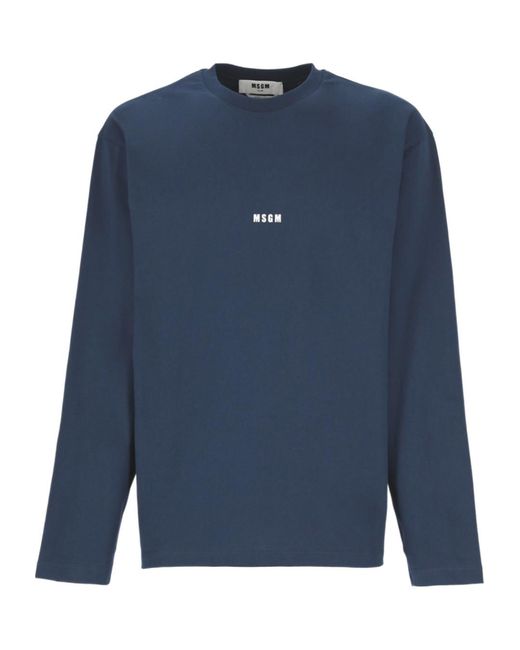MSGM Blue Logo-Print Long-Sleeve Cotton T-Shirt for men