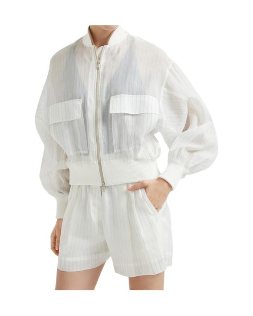 Brunello Cucinelli White Striped Bomber Jacket