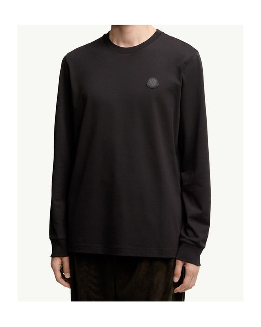 Moncler Black Leather Logo Long Sleeve Cotton T-Shirt for men