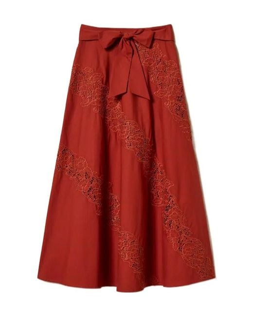 Twinset Red Long Poplin And Broderie Anglaise Skirt