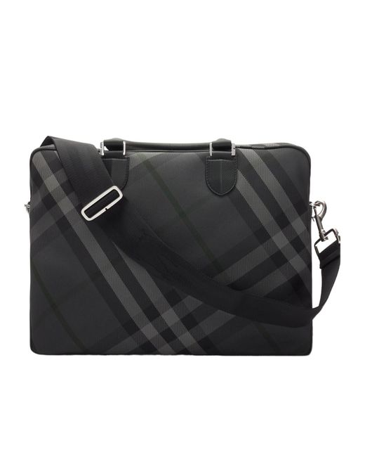 Burberry Black Grid Checked Zipped Briefcase for men