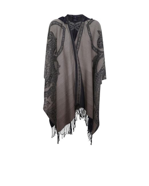 Etro Gray Paisley-Pattern Fringed Cape