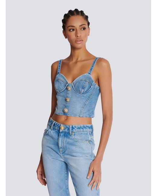 Balmain Blue Denim Bustier Top