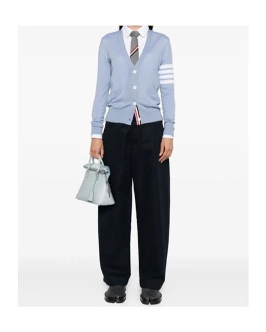 Thom Browne Blue 4-Bar V-Neck Knitted Cardigan