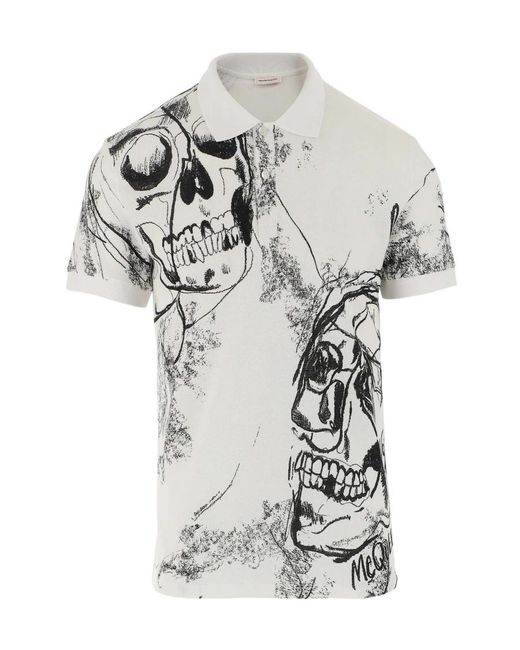 McQueen White Skull Short-Sleeved Polo Shirt for men