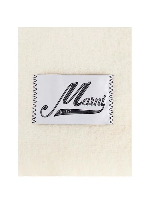 Marni White Logo Patch Fringed-Edge Scarf
