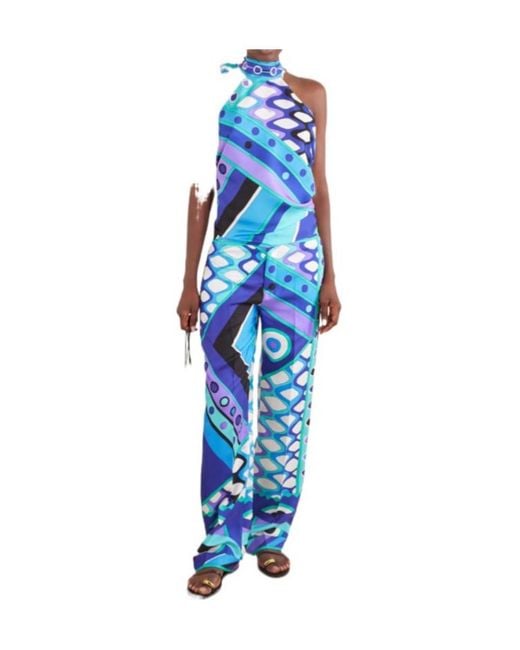 Emilio Pucci Blue Printed Silk-Twill Wide-Leg Pants