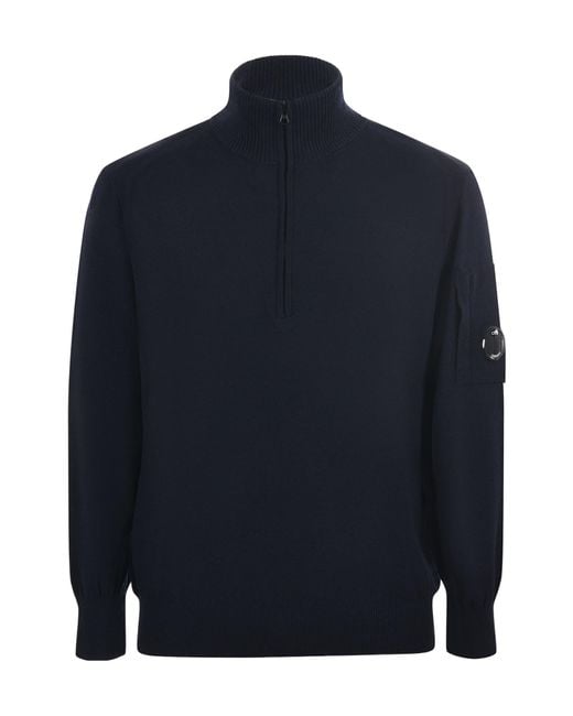 C P Company Blue Half-Zip Knitted Jumper for men