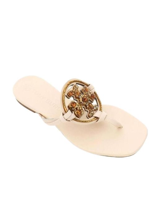 Tory Burch Natural Logo-Plaque Flat Sandals