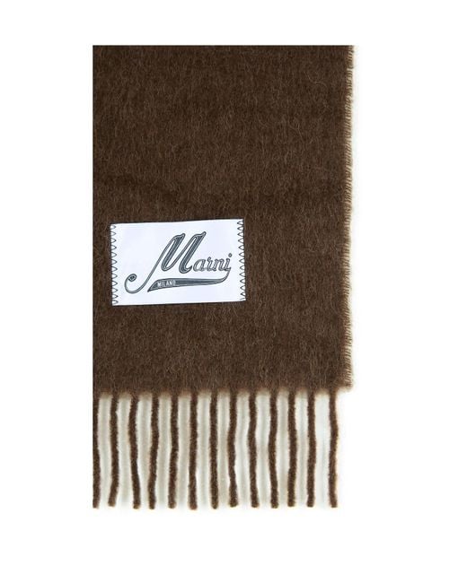Marni Brown Logo Patch Fringed-Edge Scarf