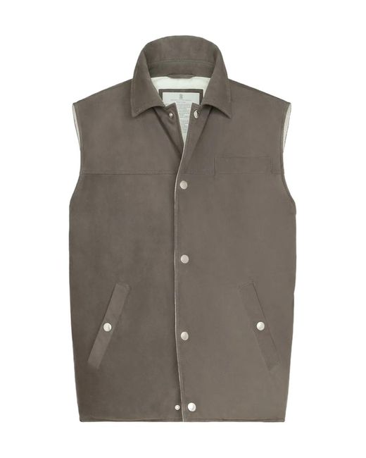 Brunello Cucinelli Brown Suede Down Vest With Shirt-Style Collar for men