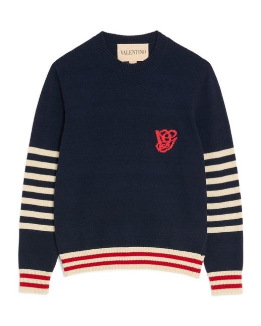 Valentino Blue Stripe Detailed Crewneck Jumper for men