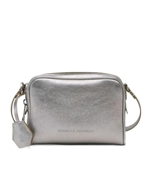 Brunello Cucinelli Gray Lamé Boston Crossbody Bag