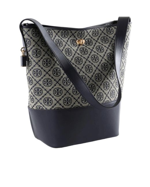 Tory Burch Gray T Monogram Leather-Trim Bucket Bag