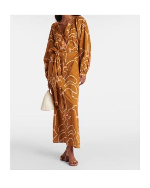 Johanna Ortiz Brown Printed Balloon-Sleeve Cotton Maxi Dress