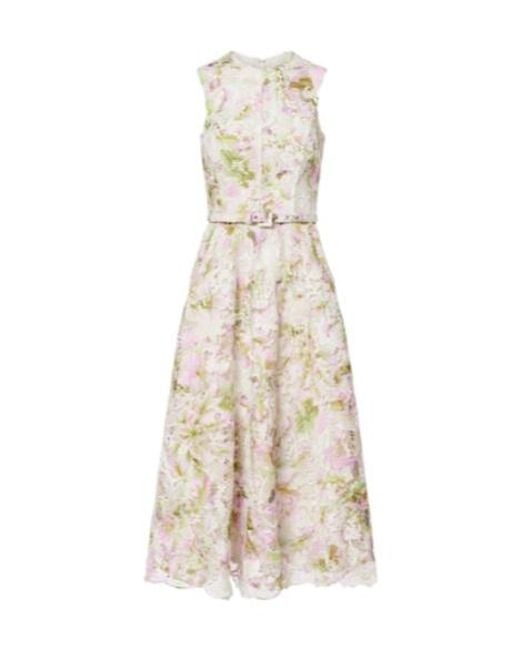 Monique Lhuillier Natural Belted Lace Midi Dress