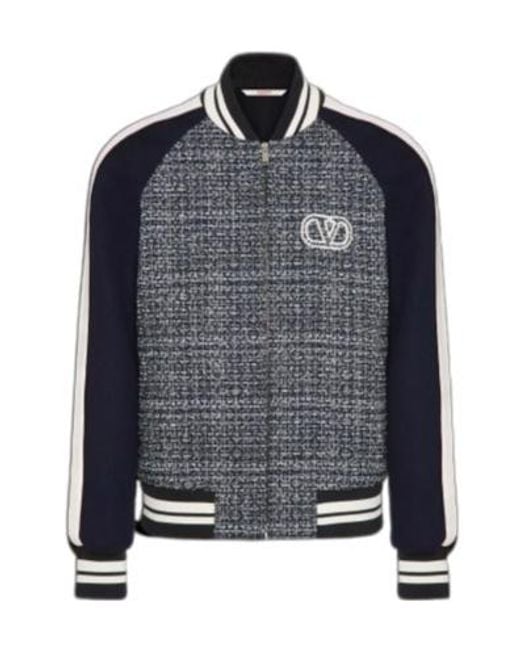 Valentino Blue Logo Embroidered Zip-Up Tweed Jacket for men