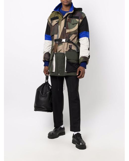 Sacai Gray Camouflage-Print Hooded Coat for men