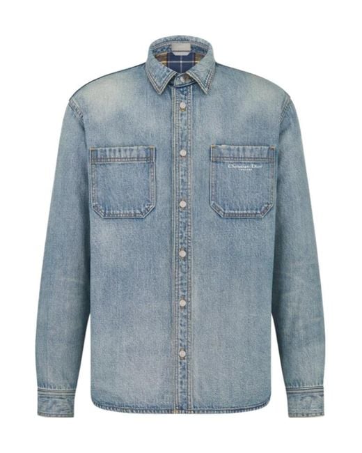 Dior Blue Homme Button-Up Long-Sleeved Denim Shirt for men