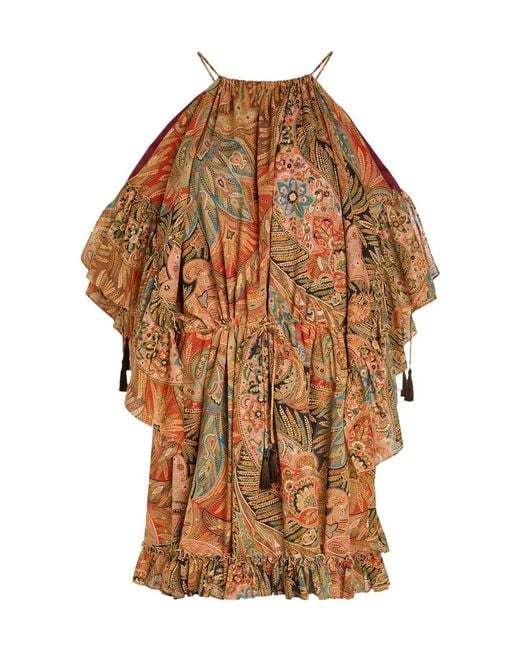 Etro Brown Paisley Frill Cotton Mini Dress