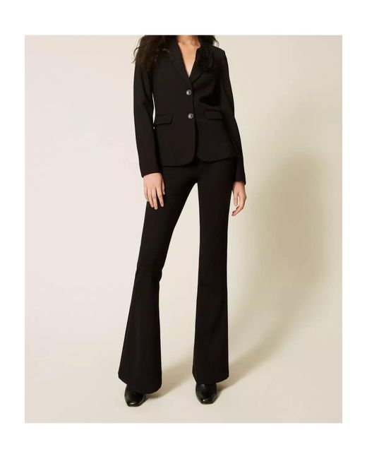 Twinset Black Floral-Brooch Blazer