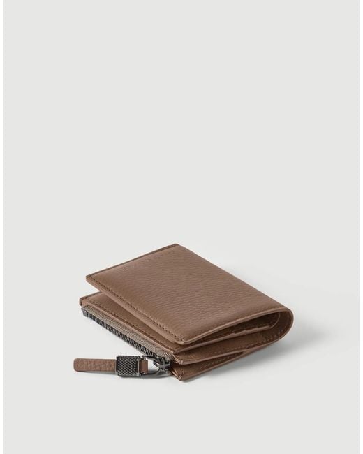 Brunello Cucinelli Brown Grained Calfskin Compact Wallet With Shiny Zipper Pull