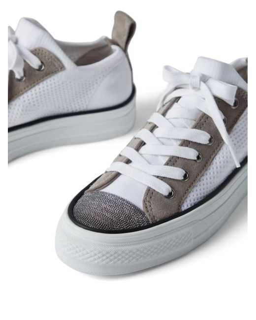Brunello Cucinelli White Monili-Detailed Panelled Lace-Up Sneakers