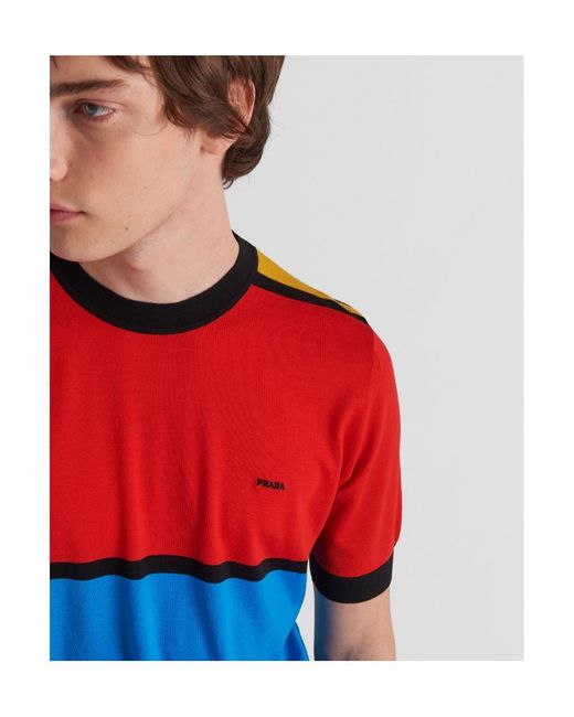 Prada Red Colour-Block Crewneck Knitted T-Shirt for men