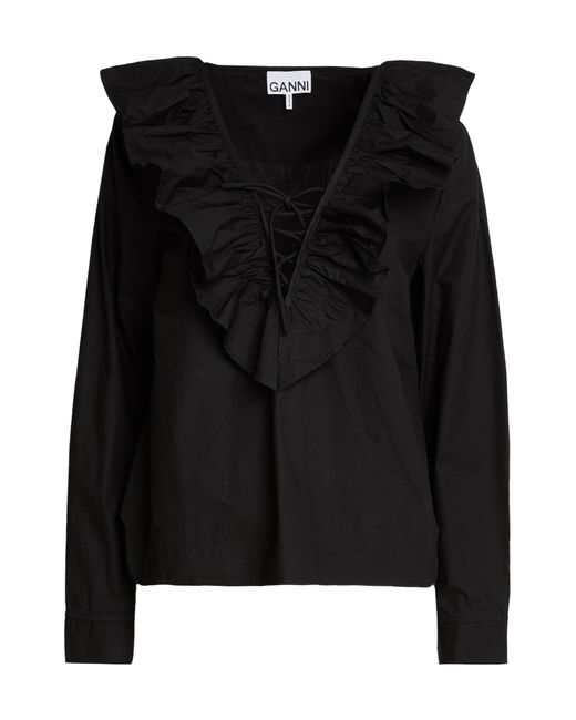 Ganni Black Solid-Color Long-Sleeve Ruched Top