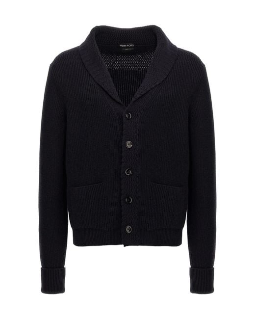 Tom Ford Blue Ribbed-Knit Shawl Cardigan for men