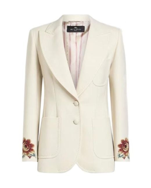 Etro Natural Floral-Embroidered Single-Breasted Blazer
