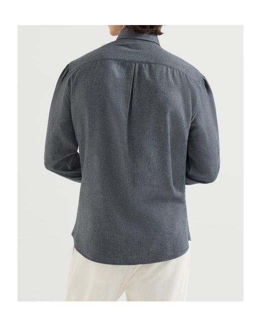 Brunello Cucinelli Gray Stretch Cotton Chevron Flannel Shirt With Spread Collar for men