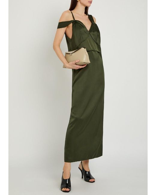 Totême Green V-Neck Satin Midi Slip Dress