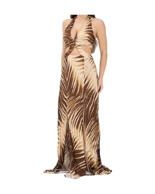 Just Cavalli Natural Long Dress With Leaf Print