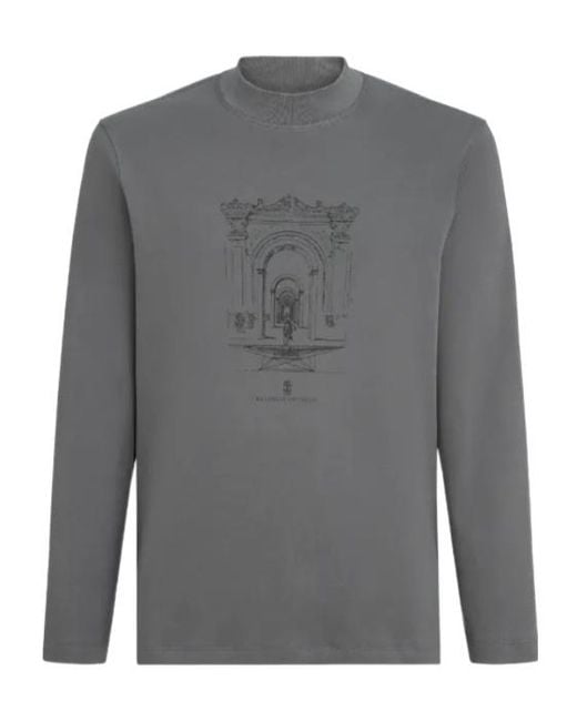 Brunello Cucinelli Gray Cotton Interlock Long Sleeve T-Shirt With Mock Neck And Print for men