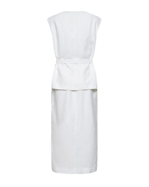 Brunello Cucinelli White Ivory Viscose And Linen Fluid Twill Midi Dress