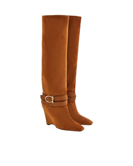 Ferragamo Brown Knee High Boot With Wedge Heel