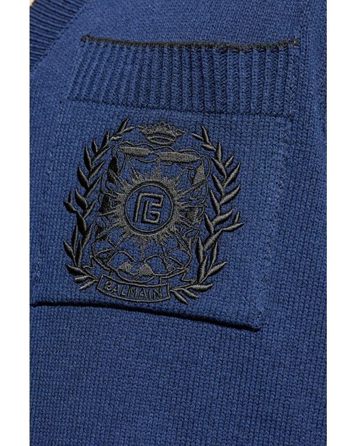 Balmain Blue Écusson Embroidered Knit Polo Shirt for men