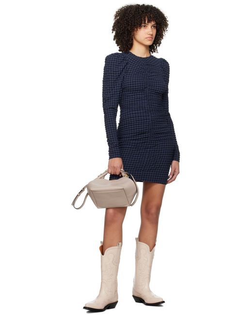 Ganni Blue Gingham Printed Crewneck Seersucker Mini Dress