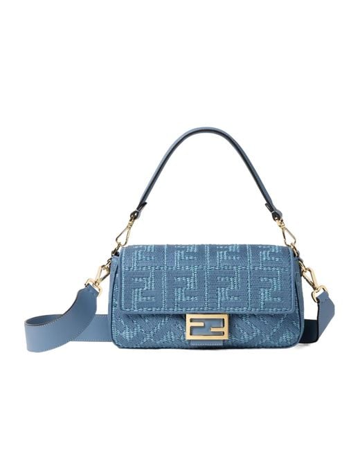 Fendi Blue Baguette Embossed Shoulder Bag