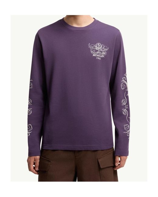 Moncler Purple Logo Motif Cotton Long Sleeve T-Shirt for men