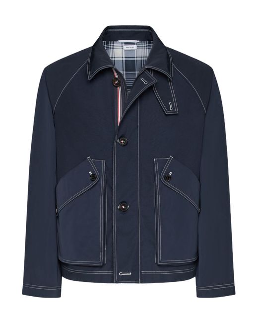 Thom Browne Blue Contrast-Stitching Raglan Jacket for men