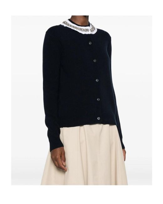 Prada Blue Crystal-Embellished Ruffled-Collar Cardigan