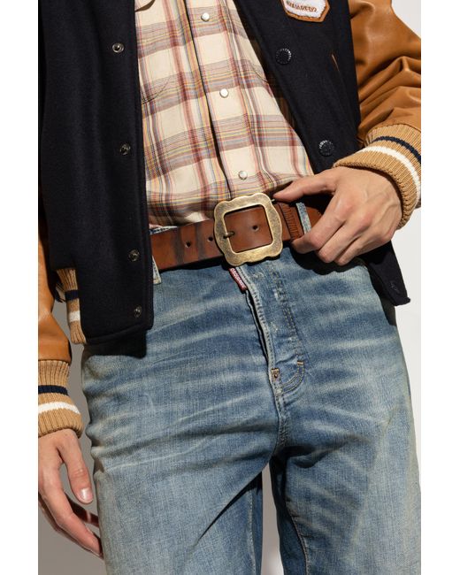 DSquared² Brown Leather Square-Buckle Belt for men