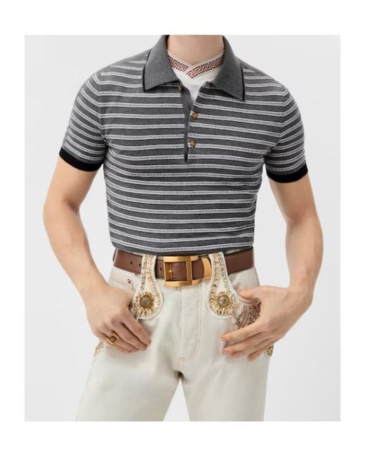 Versace Gray Greca Stripe Polo Shirt for men