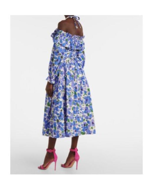 Carolina Herrera Blue Floral Cotton-Blend Midi Skirt