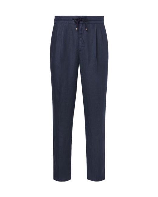 Brunello Cucinelli Blue Linen Gabardine Tapered Pants for men