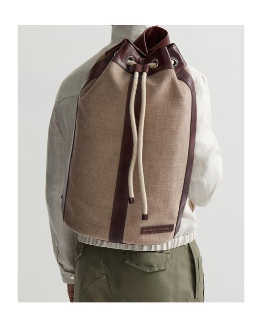 Brunello Cucinelli Brown Water-Resistant Canvas And Burnished Calfskin Drawstring Backpack for men
